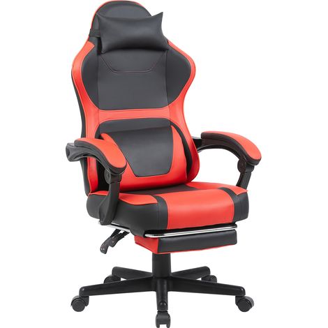 Chaise gaming ergonomique en noir et rouge, équipée d’un repose-pieds rétractable et d’un double coussin lombaire – idéale pour le télétravail et les pauses détente (1/5)