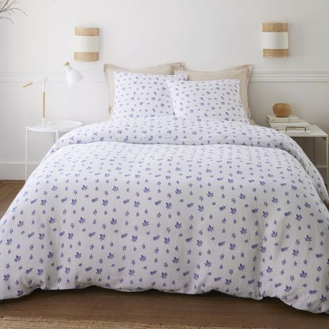 Parure housse de couette 260x240cm + 2 taies motif olivier beige et bleu 100% gaze de coton - ANGUSSE (1/4)