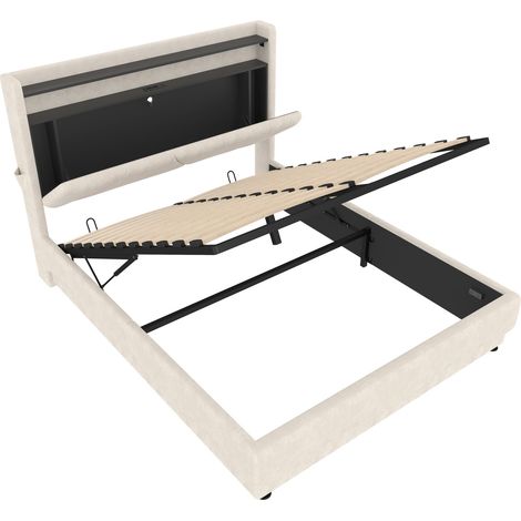Cama canapé tapizada 160 x 200 cm beige de terciopelo, cabecero LED, USB Tipo-C (1/5)
