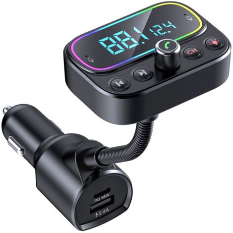 Transmetteur FM Bluetooth avec Dual Mic, [Une Clé pour Éteindre la FM] Kit Main Libre Voiture sans Fil avec 3 USB Ports (PD18W & QC3.0), 9 Couleurs LED Rétroéclairé, Soutien Clé USB/Sorti (1/5)