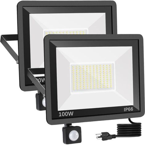 Faretto LED da esterno da 100 W con sensore di movimento, confezione da 2, faretto LED impermeabile IP66 con sensore, illuminazione esterna bianca fredda da 11500 LM a 6500 K, lampada da esterno per i