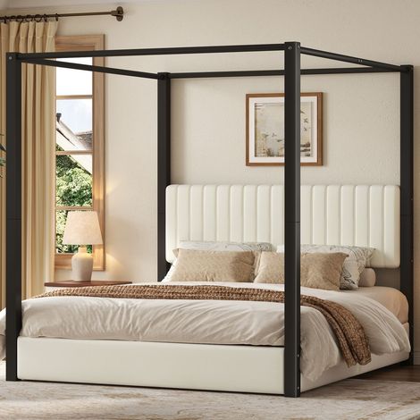 Lit Double 180 x 200 cm Cadre de Lit Rembourré Structure Baldaquin Tête de Lit Rembourrée Cadre Métal Beige et Noir (1/5)