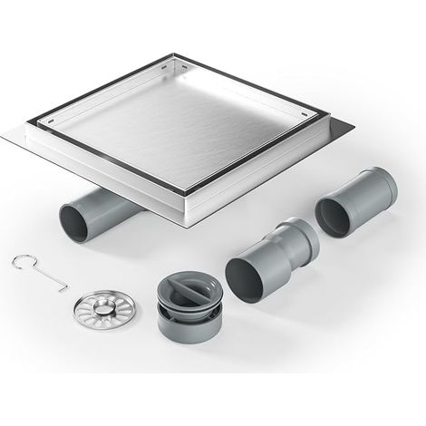 Caniveau de douche carré 20 x 20 cm, siphon à 360° avec anti-odeurs et tamis à cheveux, gouttière de drainage en acier inoxydable plat DN50 DN40 (1/5)
