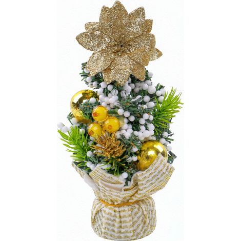 Petit sapin de Noël de table décoré, fleur pailletée or et boules dorées (1/3)