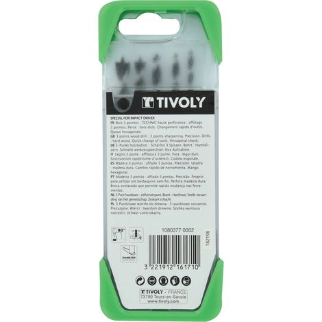 Tivoly • Scatola da 5 punte per legno a 3 punte • Gambo esagonale • Ø da 3 mm a 8 mm • Per forare legno duro