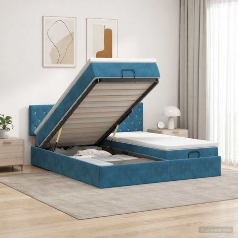vidaXL Lit coffre avec matelas et LED Bleu foncé 200 x 200 cm Velours (1/5)