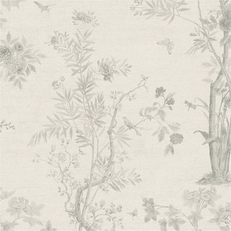 Papel pintado floral Profhome 790437 papel pintado vinílico estampado en caliente tejido non tejido ligeramente texturado con ornamentos florales mate blanco gris 5,33 m2 (1/5)