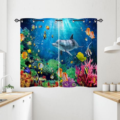 Rideau Occultant Océan Poisson Dauphin Coraux Rideau Thermique Isolant Draperies Intérieurs Tenture Opaque à Oeillets pour Maison Chambre Salon Fenetre 2 Pièces L 71 x H 138 cm - 71L X 138H cm (2 Pann (1/5)