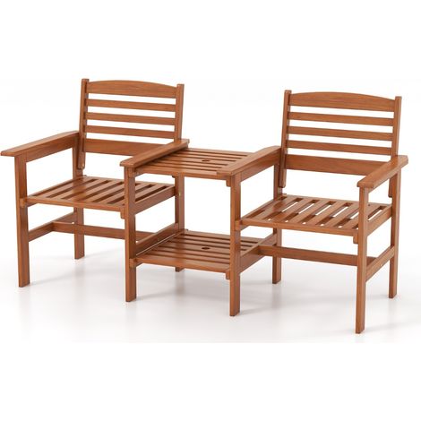 Divano a 2 posti da esterno con tavolo, Set da conversazione in legno con tavolino e foro per ombrellone 159,5x61,5x88cm (1/4)