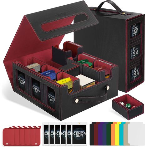 Boîte de rangement pour cartes avec poignée, Deck Box pour et TCG, contient 6 boîtes avec couvercle, 6 bouchons de fermeture, 10 séparateurs colorés (noir et rouge) (1/5)