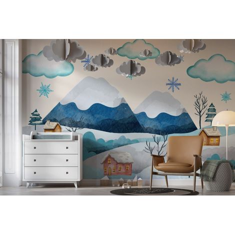 Papier peint enfants - paysage de montagne enneigée et flocons - 150 x 250 cm (1/2)