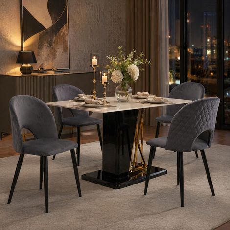 Set de 4 sillas de comedor de terciopelo gris con respaldo y patas regulables HAVRYA (1/5)