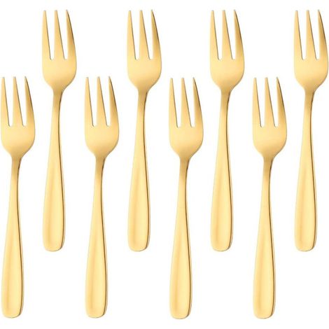 Fourchette à gâteau en acier inoxydable 18/10, 3 dents, fourchette à fruits, ensemble de 8 fourchettes dorées Bisda, polies miroir, idéales pour les mariages et les desserts