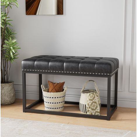 Banco vintage capitoné 90 x 46 x 52 cm de polipiel negra HAVRYA (1/5)