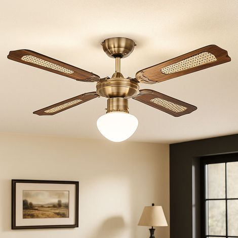 LED Deckenventilator mit Zugschalter Ventilatorlampe Decke 3 Stufen Ventilator Deckenleuchte, Vor-Rücklauf, Eiche Geflecht Glas Altmessing, 1x LED 11W 1055Lm, D 106,6 cm