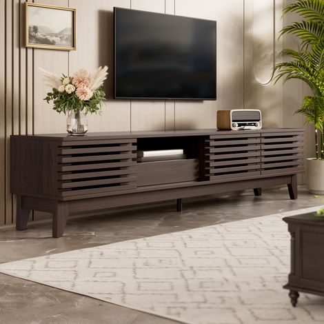 Meuble TV 170x35x40 cm naturel en panneau de particules avec 3 portes, tiroir, rangements ouverts et passe-câbles (1/5)