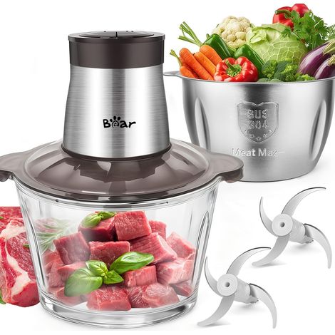 2L+1.8L Hachoir Électrique En Acier Inox, 600w 2 Vitesses, 4 Lames En Acier Inoxydable, Coupe Julienne Dans Un Récipient En Verre Pour La Viande, Les Aliments Pour Bébés, Les Fruits, Les Légumes (1/5)