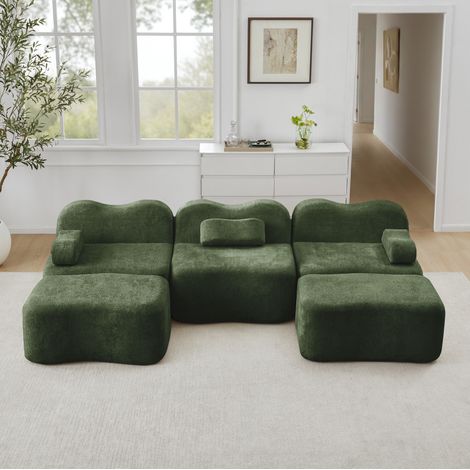 Canapé d’angle modulare in velluto verde a U con 2 pouf, seduta profonda (1/5)