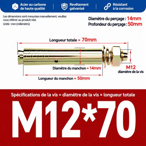 Goujon d'ancrage cheville métallique à expansion M12x70 mm lot de 10 pièces m12 70 10 pièces 1 kg – Livraison gratuite