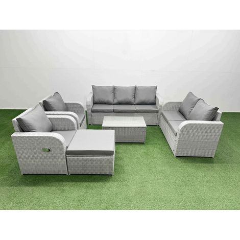 Fimous PE Rattan Garden Furniture Set Adjustable Chair Sofa Double Love Seat 2 Seater Sofa Lounge Set Oblong Coffee Table Big Footstool Light Grey (1/4)