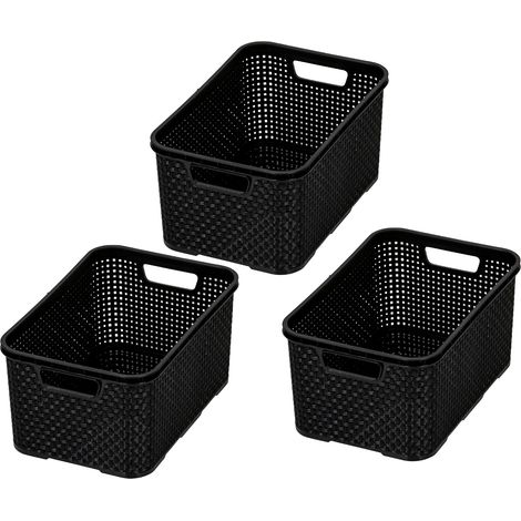 Lot de 3 corbeilles design rotin - Taille S 7 l - Plastique PP - Sans BPA - Noir - 28,5 x 19,5 x 12,9 cm - 3 pièces. (1/3)
