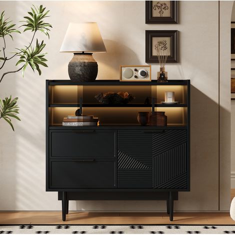 Aufbewahrungsschrank (89.99x44.5x27.18 cm), mit offenen Fächern und Glasschiebetüren, LED Lichtleiste, MDF, Schwarz (1/5)