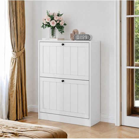 Zapatero blanco de 60 cm con 2 puertas abatibles, freestanding, estilo Mid-Century Modern HAVRYA (1/5)