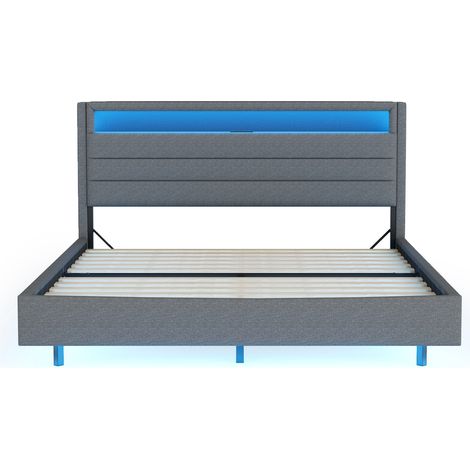 Cama tapizada gris 140 x 200 cm con USB y LED, cabecero abatible, patas ocultas (1/5)