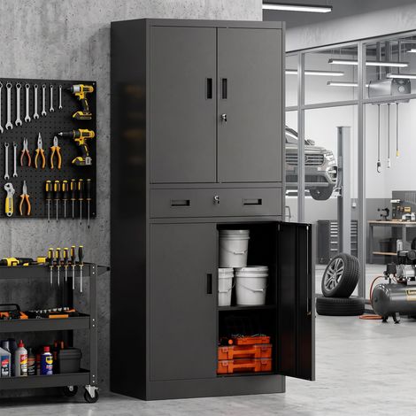 Armoire métallique 180 cm, armoire à outils avec portes verrouillables, tiroir et étagères réglables, noire (1/5)