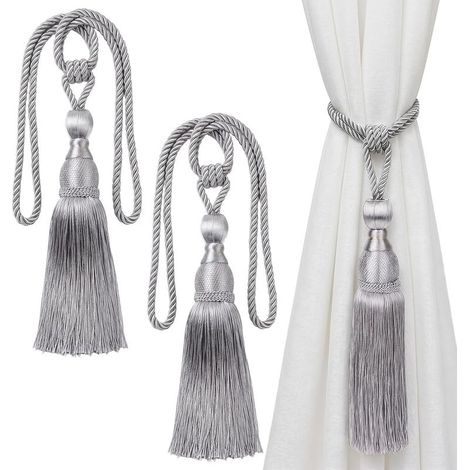 Lot de 2 embrasses de Rideaux Faites à la Main en Corde avec Pompons, Embrasse pour Rideaux avec Pompons, Lot Embrasse de Rideaux Longues à Pompons, Embrasse Rideau Frange pour Fenêtre(Silver) (1/5)