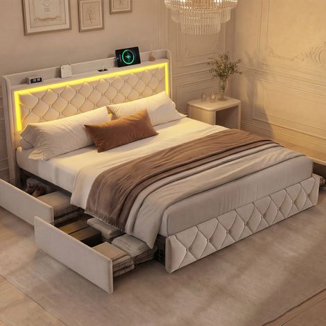 Lit capitonné 140x190cm avec rangement, Tête de lit avec étagères, éclairage LED, ports USB & Type-C – lit Coffre à gaz et tiroirs intégrés, Sans matelas, Velours, Beige (1/5)
