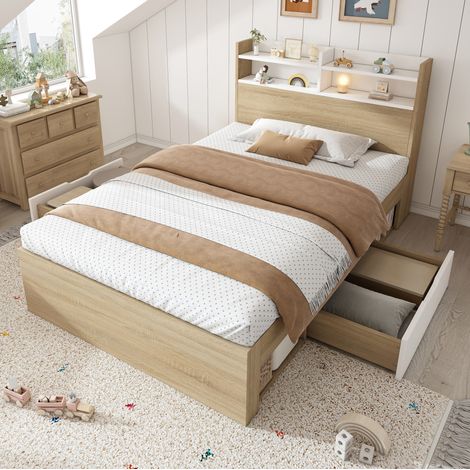 Lit simple 214x94x90 cm, tête de lit avec rangements, 2 tiroirs, panneaux de particules et bois massif, blanc et chêne (1/5)