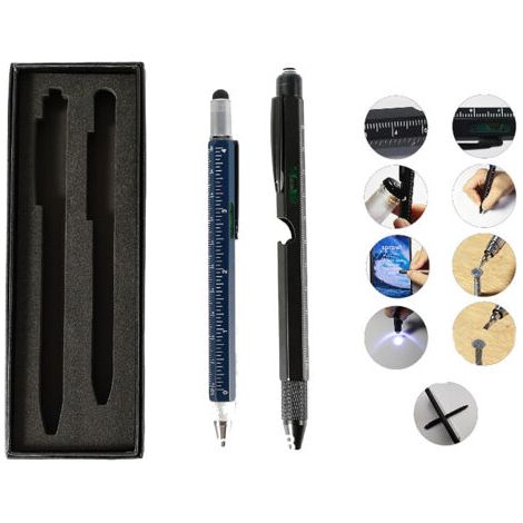 BUNTHAUS Ensemble stylo multifonction 9 en 1, comprenant un stylo multifonction avec lumière LED, stylet, tournevis, niveau et ouvre-bouteille. (1/5)