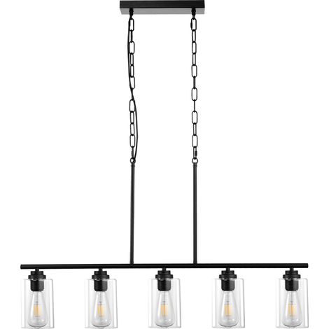 Lustre Linéaire 5 Lumières pour Îlot de Cuisine, 60W, Suspension Réglable avec Abat-jour en Verre Transparent, 4 Tiges et 2 Chaînes Métalliques, Cadre en Métal Style Ferme, E27 (1/5)