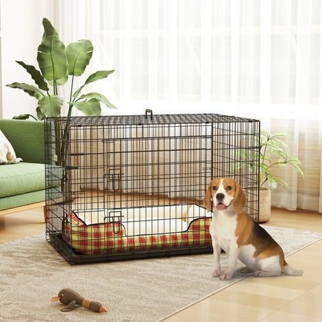 Cage pour chien pliable en métal à deux portes, avec plateau amovible et poignée de transport convient aux chiens de taille moyenne. (1/5)