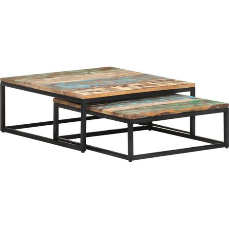 Lot de 2 Tables basse gigogne Bouts de canapé Tables d'appoint pour chambre Bois de récupération massif XTT384 (1/5)