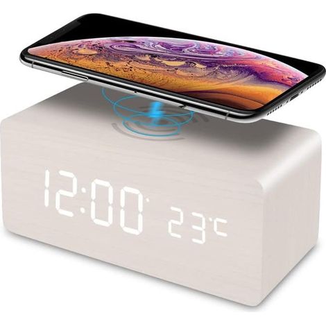 MINKUROW Reloj Despertador Digital, Reloj Digital Led Reloj Despertador De Madera Con Cargador Inalámbrico 5w Temperatura/Repetición/3 Alarmas/12/24 Horas/Brillo Ajustable Para Niños, Adolescentes, Ho (1/5)