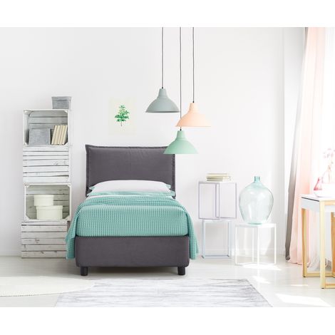 EVERGREENWEB - Letto Singolo con Moderno Box Contenitore e Rete a Doghe in Legno Elegante Testiera Tessuto Imbottito SFODERABILE ideale per Camera da Letto - color Grigio (1/3)