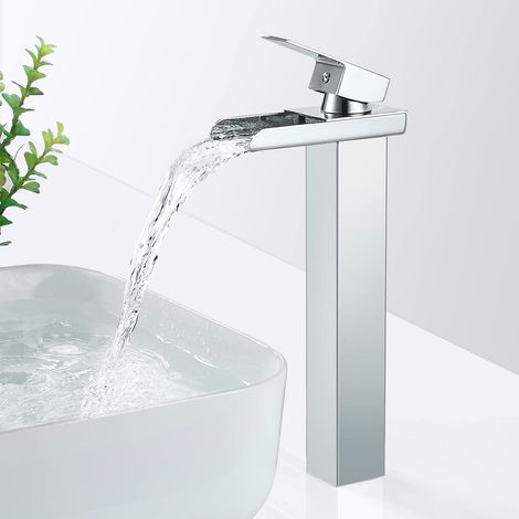 Verchromte Wasserfall-Waschtischarmatur, moderne Waschbeckenarmatur im Wasserfall-Stil, Warm- und Kaltwasseranschluss, G 3/8”