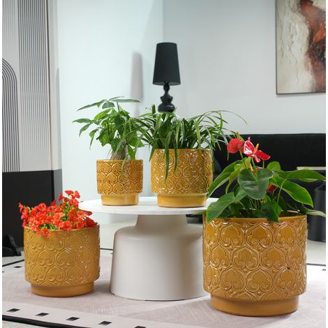 Maceta de cerámica Ø19 cm con relieve de corazón, amarillo cálido brillante HAVRYA (1/5)