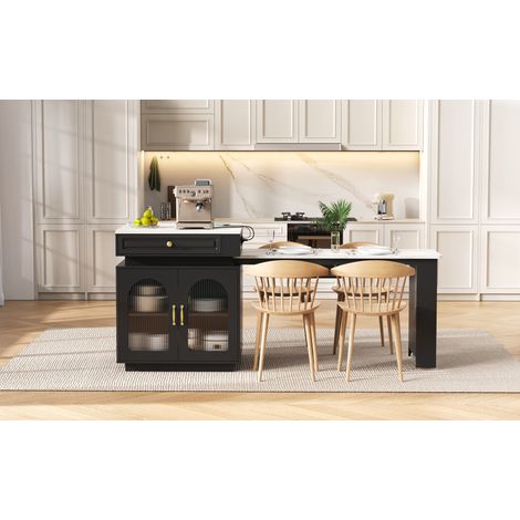 Mesa de cocina extensible con ruedas, LED, USB/Type-C, negro OKMYHOME (1/5)