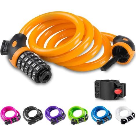 JSSEVN - Bicycle Lock, 120cm x 12mm, Cable Lock for Bicycles, Scooters, Motorcycles, and Gates with 5-Digit Smart Code, Orange (1/5)