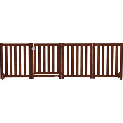 Doppelseitiges, faltbares Hundesicherheitsgitter aus Holz mit 4 Paneelen, Tür und Stützbeinen, 205 x 60 cm, braun