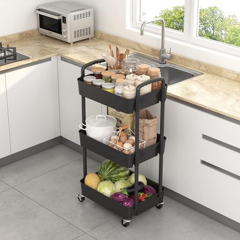 Carrito de cocina de 3 niveles, carrito de almacenamiento rodante multiusos con asa, carrito de servicio multifuncional con estante rodante para oficina, sala de estar, cocina, negro. (1/3)