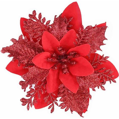 Bouquet De Fleurs Artificielles - 16 Pièces - 15 Cm - Décoration Arbre De Noël Et Intérieur - Rouge Vin Or Argent Bleu Clair