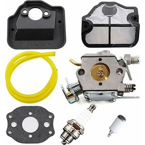 Carburateur de Remplacement pour Tronçonneuses Husqvarna 36, 41, 136, 137, 141, 142, Inclus Bougie d'Allumage et Kit de Filtre à Air, Remplace les Numéros 530071987, 530035482, 530029811. (1/5)
