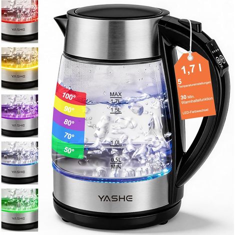 Wasserkocher mit Temperaturwahl 1,7L, 2200W Schneller Elektrischer Wasserkocher Glaswasserkocher