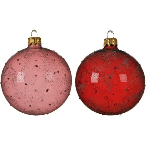Pallina di Natale rosso o rosa con glitter assortite decori natale cm 8