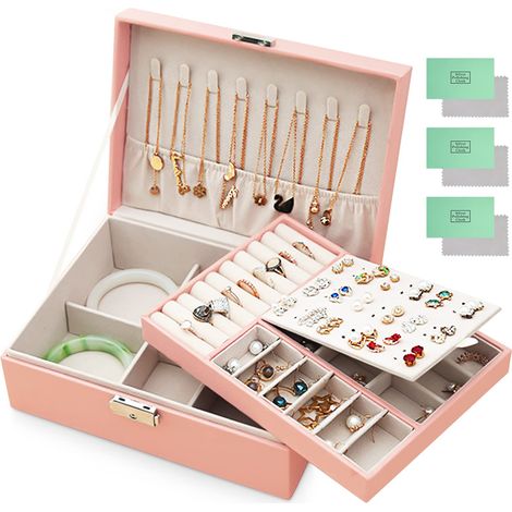 Boîte à bijoux, coffret 2 couches verrouillable avec clé, rangement pour bagues, colliers, montres, y compris 3 chiffons de polissage argent, rose (1/5)