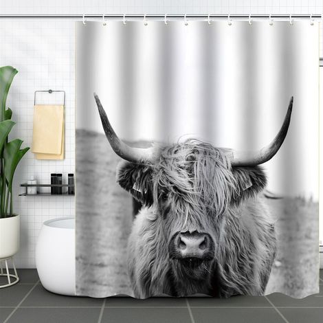 Rideau de douche à motif yak, hygiénique, lavable, imperméable et facile d'entretien. Anneaux de suspension inclus pour la fixation à une tringle de douche. Dimensions : 180 x 200 cm. Disponible en bl (1/5)